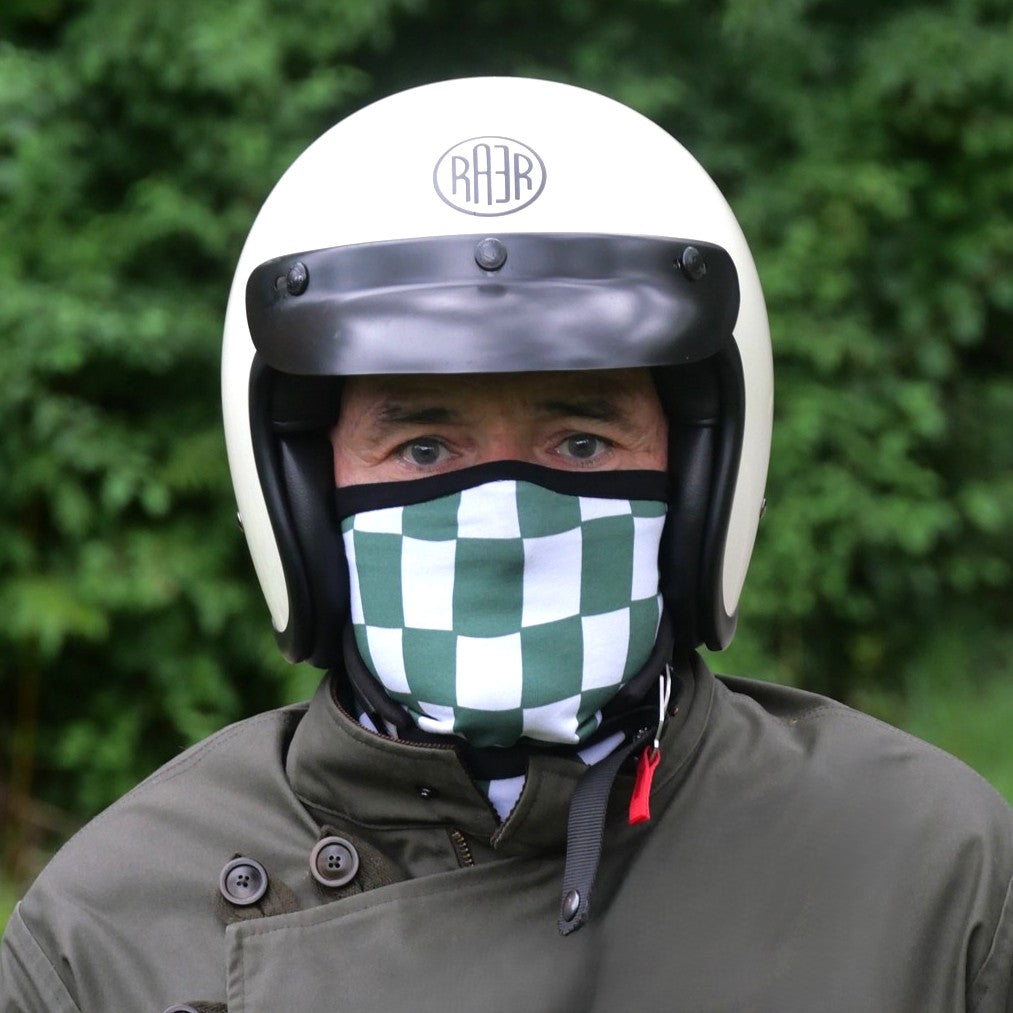 checkered flag motorcycle helmet RACING FLAG GREEN / BLACK reversible neck protector – RAER SMART MOTORCYCLE