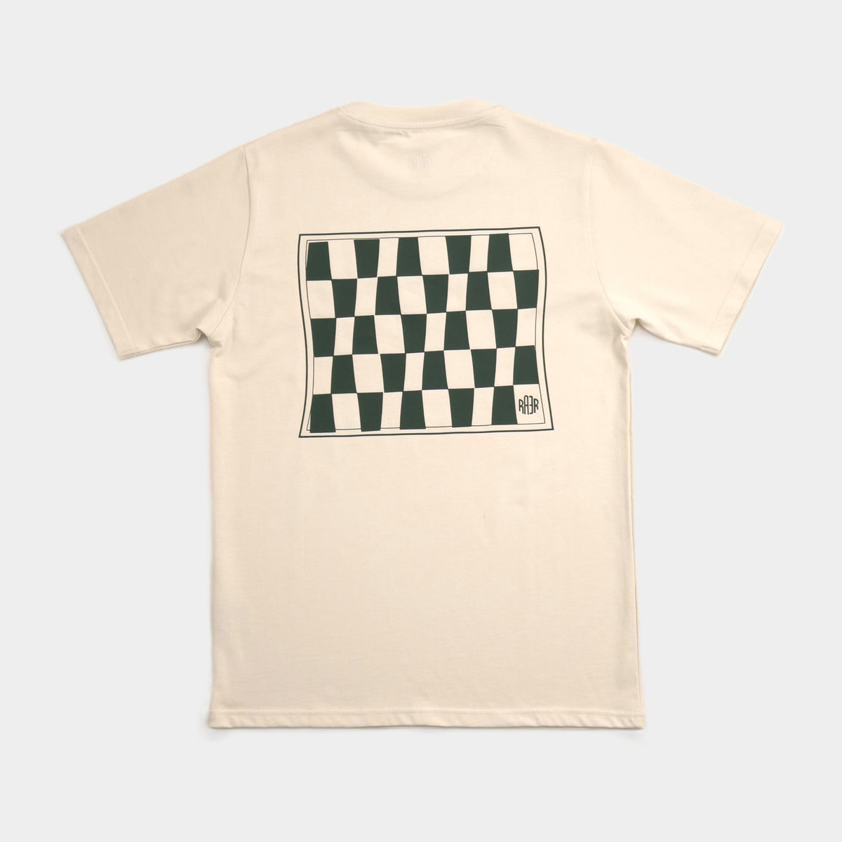 Tee-shirt FLAG écru à plat, vue de dos avec un grand motif à damier imprimé.