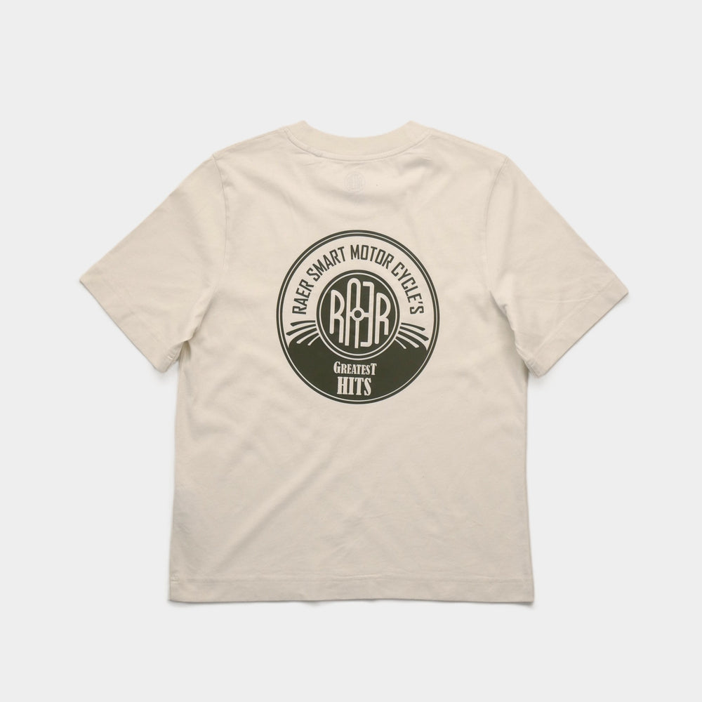 Tee-shirt HITS écru à plat, vue de dos avec un grand motif rond RAER imprimé.